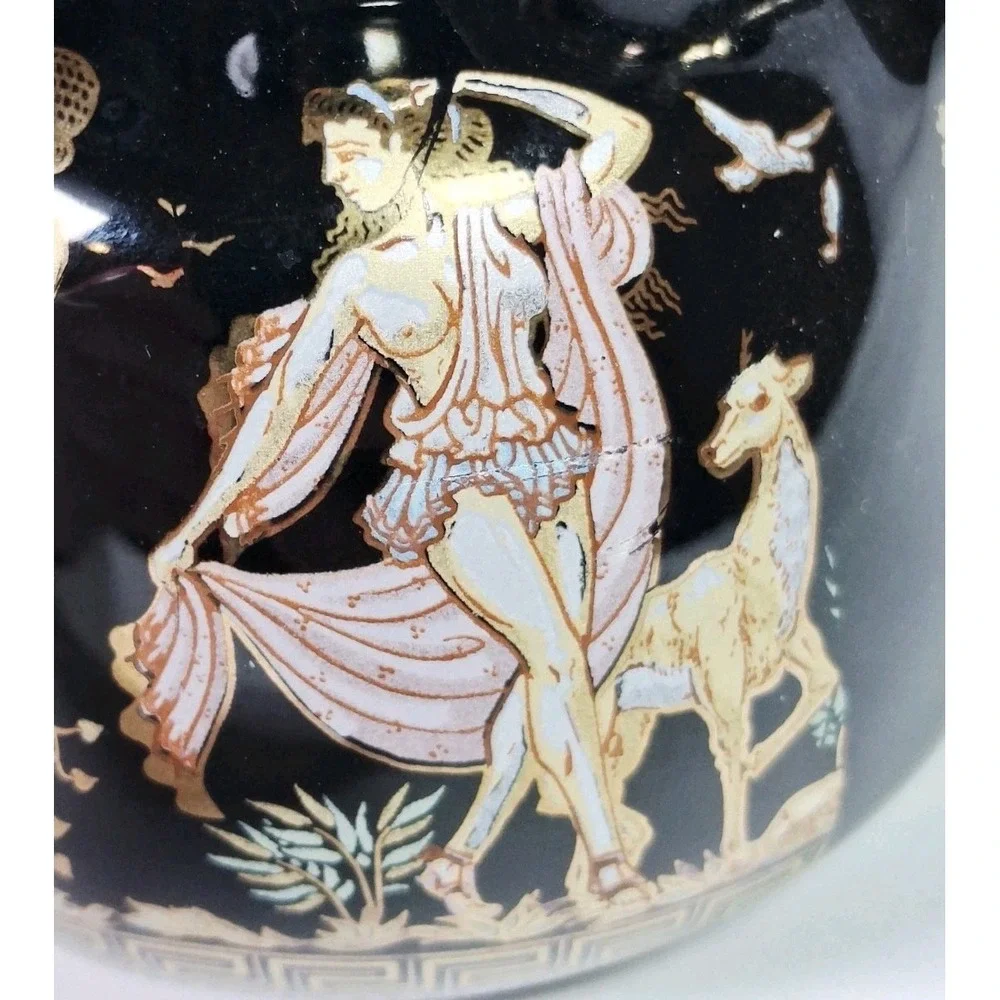 Vintage Greek Mythology Black Gold Amphora Vase‎ Double Handle Urn Harp Greece